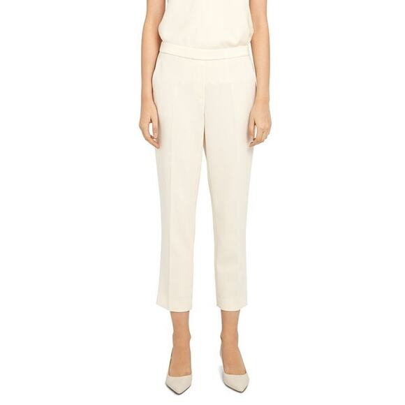 Theory Treeca Pants Crepe Pull On Mid Rise Straight Leg Ankle Trousers Rice 12 - Picture 1 of 9